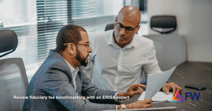 Plan sponsor reviewing fiduciary fee benchmarking with an ERISA expert.